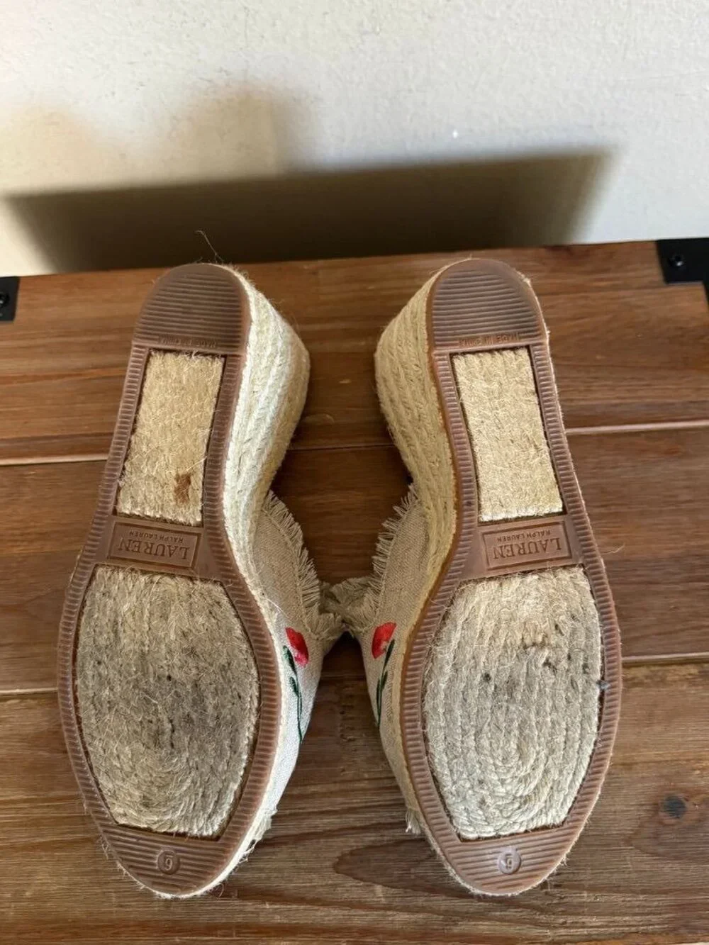 Ralph Lauren Carlynda Beige Embroidered Floral Open Toe Espadrille Wedge Size 6